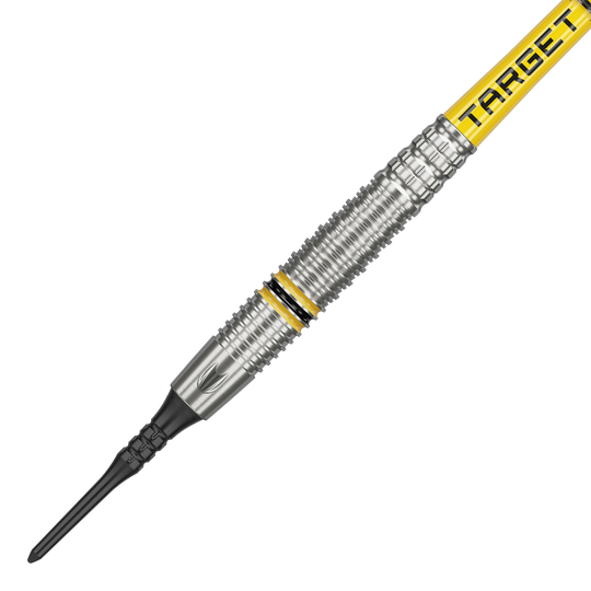 Das Bild zeigt einen Target Scott Williams GEN2 Softdart mit einem Gewicht von 18 Gramm. Der Dart hat silberne Rillen und gelbe Akzente sowie die Aufschrift "TARGET" auf dem Schaft.