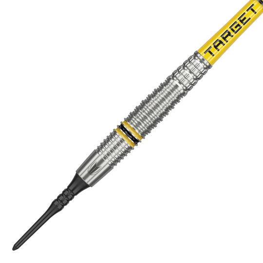 Target Scott Williams GEN2 zachte darts - 18g Das Bild zeigt einen Target Scott Williams GEN2 Softdart mit einem Gewicht von 18 Gramm. Der Dart hat silberne Rillen und gelbe Akzente sowie die Aufschrift "TARGET" auf dem Schaft.