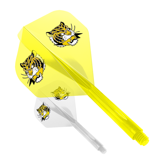 Condor AX Inazuma Tiger Mix Flight System Geel Helder - Standaard Das Bild zeigt zwei Dart-Flights des Modells "Condor AXE Inazuma Tiger Mix Flight-System" in Gelb und Transparent. Beide Flights sind mit einem Tigerkopf-Motiv bedruckt.