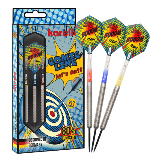Karella Comic Line CL-1 stalen dartpijlen - 22 g Das Bild zeigt den Karella Comic Line CL-1 Steeldarts - 22g. Es veranschaulicht die vollständige Ansicht des Steeldartpfeils.
