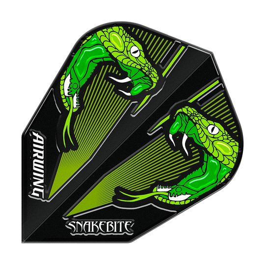 Red Dragon Airwing Peter Wright Green V-Standard Vluchten Das Bild zeigt einen Dartflight mit zwei grünen Schlangen auf schwarzem Hintergrund. Die Wörter "AIRWING" und "SNAKEBITE" sind auf dem Flight zu sehen.