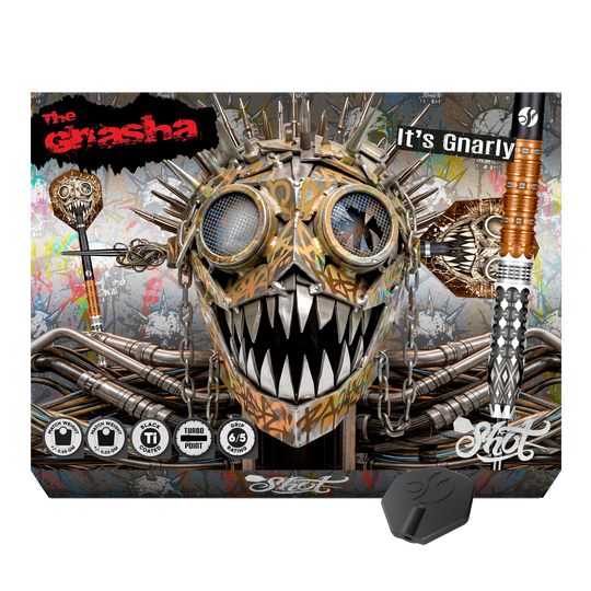 Zu sehen ist ein weiterer Blickwinkel auf die Shot Gnarly Gnasha Turbo Point Steeldarts mit 23g. Die Darts bieten einen guten Halt und eine optimale Balance.