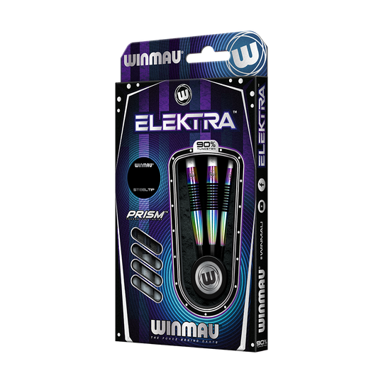 1451_Winmau_Elektra_Steeldarts_3 Das Bild zeigt die Verpackung der "Winmau Elektra Steeldarts". Drei bunte Steeldarts mit 90% Tungsten sind in der Schachtel sichtbar.