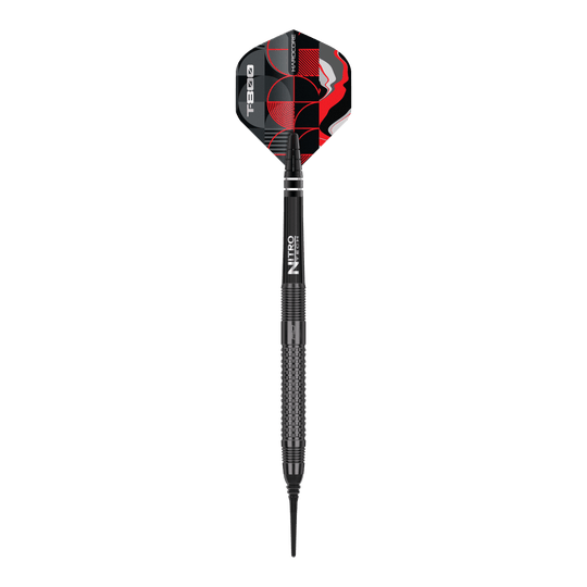 Red Dragon T-800 zachte darts - 20g Das Bild zeigt einen Red Dragon T-800 Softdart mit einem Gewicht von 20g. Der Dart ist schwarz mit roten und weißen Designelementen auf dem Flight.