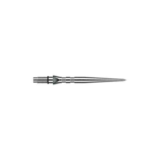 Winmau Switch Point Groove stalen dartpunten - Zilverkleurig effect Das Bild zeigt silberfarbene Steeldartspitzen mit Rillen, vermutlich 'Switch Point Groove Silver Effect' und 26mm lang. Die Spitzen sind für Steeldarts vorgesehen.