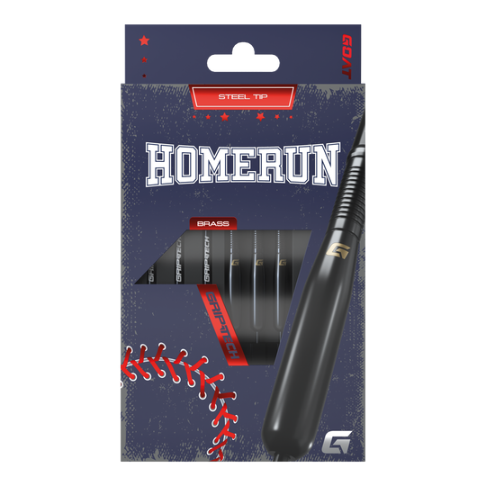 Die Abbildung zeigt die Verpackung der GOAT Homerun Baseball Black Brass Steeldarts mit einem Gewicht von 15g. Auf der Verpackung ist das Design im Baseball-Stil mit dem Schriftzug "HOMERUN" und einem Sichtfenster für die Darts zu sehen.