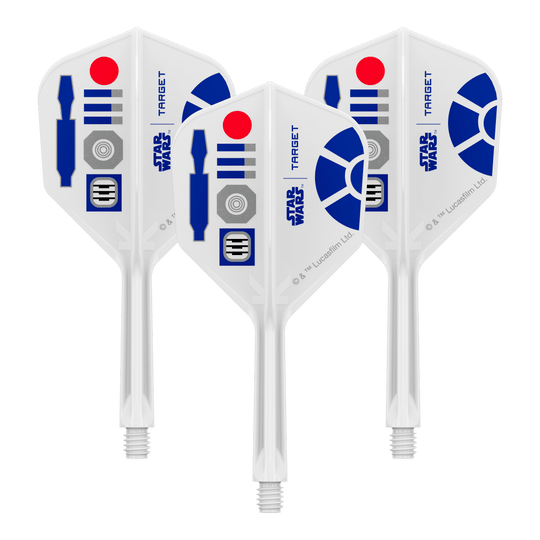 Target Star Wars K-Flex R2D2 No6-vluchten Abgebildet ist ein Produkt mit dem Dateinamen 410511_Target_StarWars_KFlex_R2D2_No6_Flights_Intermediate_26mm_1Set. Es könnte sich um ein Set von Dart-Flights mit Star Wars Motiv handeln.