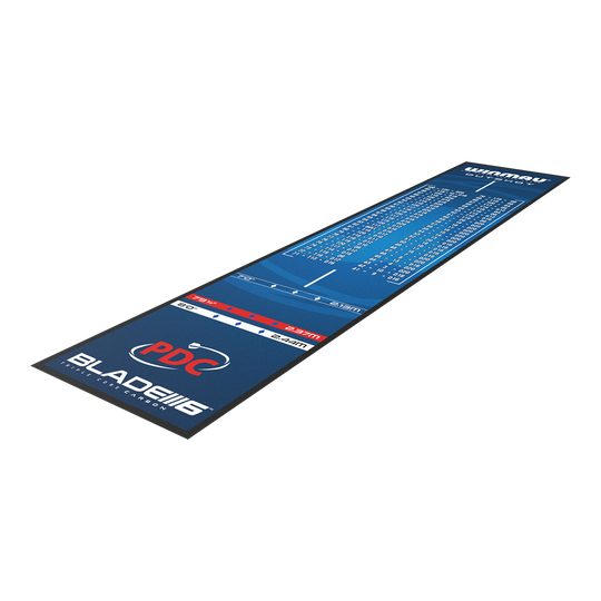 Winmau Outshot Dartmat Die Abbildung zeigt die Winmau Outshot Dartmatte 2024. Die Matte ist mit Abwurflinien und einer Outshot-Tabelle bedruckt.