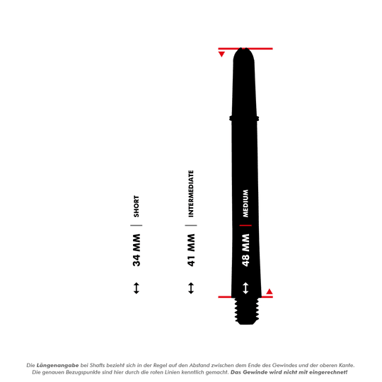 Target Pro Grip Shafts - 3 sets - Rood Blauw Wit Das Bild zeigt drei verschiedene Längen von Dartshafts: 34 mm (Short), 41 mm (Intermediate) und 48 mm (Medium). Die genauen Bezugspunkte für die Längenangabe sind mit roten Linien markiert, das Gewinde wird nicht mitgerechnet.
