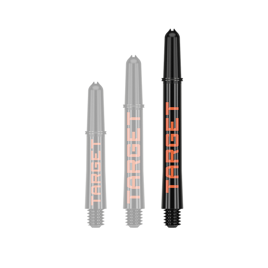Target Pro Grip TAG Shafts - 3 sets - Zwart Oranje Das Bild zeigt drei schwarze Dartschäfte in verschiedenen Längen mit orangefarbener Schrift. Auf jedem Schaft steht das Wort "TARGET".