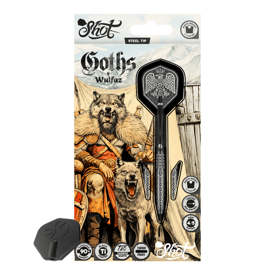 Shot Goths Wulfaz Turbo Point stalen dartpijlen - 23 g Das Bild zeigt die Shot Goths Wulfaz Turbo Point Steeldarts mit 23 Gramm. Diese Pfeile sind für das Steeldartspiel konzipiert.