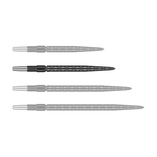 Target Swiss Diamond Pro Black Points dartpunten Das Bild zeigt vier schwarze Dartspitzen mit silbernem Gewinde, die nebeneinander liegen. Die Spitzen haben eine rautenförmige Struktur entlang des Schafts.