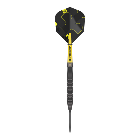 Target Bolide Void 01 Swiss Point Steeldarts Das Bild zeigt einen Target Bolide Void 01 Swiss Point Steeldart. Der Dartpfeil ist schwarz-gelb und hat eine strukturierte Griffzone.