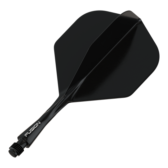 Winmau Fusion Flight Shaft System Standaard Zwart Das Bild zeigt ein schwarzes Dart-Flightsystem mit einem Schaft. Auf dem Schaft steht das Wort "FUSION".