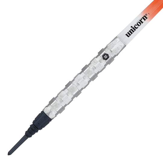 Unicorn Ballista Style 1 zachte darts Das Bild zeigt einen Softdart namens "Unicorn Ballista Style 1". Der Dart hat einen silbernen, strukturierten Griff und eine schwarze Spitze.