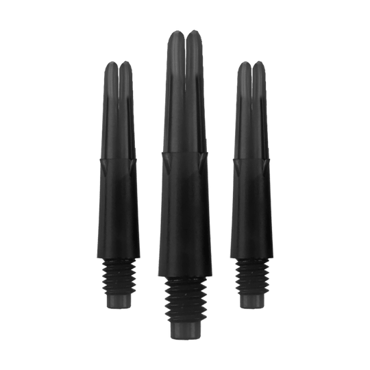 L-L-Style-Shafts Locked Straight - Zwart Das Bild zeigt drei schwarze, gerade Dartschäfte ohne Kappen. Sie sind nebeneinander auf einem neutralen Hintergrund angeordnet.