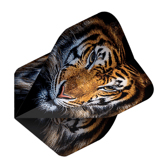 Pentatlon Vluchten Tiger Das Bild zeigt das Produkt "Pentathlon Tiger No2 Standard Flights". Auf den Flights ist ein realistisches Tigerkopf-Motiv abgebildet.
