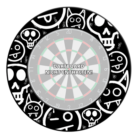 McDart Graffiti Emoji's Dartbord Surround Abgebildet ist eine schwarze Dartboard-Umrandung mit Graffiti und Smilies. Sie dient als Schutz und als optisches Highlight beim Darts.