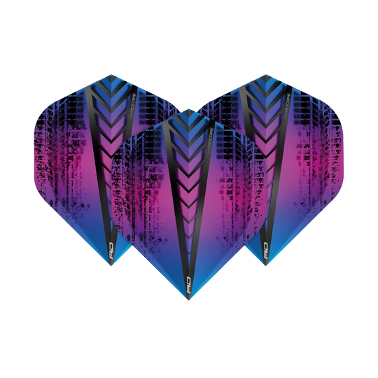 TF6334_Red_Dragon_Hardcore_Standard_Flights_6334_1CeNoQagu39Mm9 Das Bild zeigt drei Dartflights des Produkts "Red Dragon Hardcore Standard Flights 6334". Die Flights haben ein auffälliges Design in Blau, Lila und Schwarz mit grafischen Mustern.