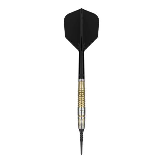 Target Japan Black Marque Warrior Soft Darts - 18,5 g Das Bild zeigt einen Target Japan Black Marque Warrior Softdart mit einem Gewicht von 18,5g. Der Dart hat eine schwarze Spitze und Flügel sowie einen gold-silbernen Griffbereich.