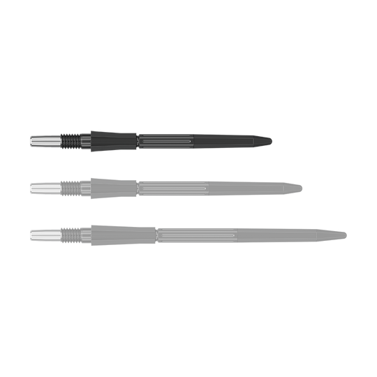 Target Elysian Archetype 43 Swiss Point stalen dartpijlpunten - zwart Das Bild zeigt eine einzelne schwarze Dartspitze der Target Elysian Archetype 43 SwissPoint Serie in 30 mm Länge. Die Spitze liegt einzeln auf neutralem Hintergrund.