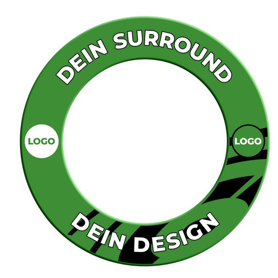 Dartbordomlijsting met uw eigen ontwerp Das Bild zeigt ein grünes Dartboard-Surround mit individuellem Wunschdruck. Es ist vor einem neutralen Hintergrund platziert.