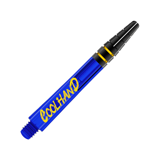 Red Dragon Nitrotech Luke Humphries Coolhand Shafts - Blauw Dies ist ein blauer Dart-Schaft mit der gelben Aufschrift "COOLHAND". Am oberen Ende befinden sich zwei schwarze Ringe mit goldenen Akzenten.