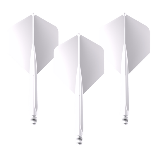 Das Bild zeigt drei weiße Dartflights mit integriertem Schaft. Es handelt sich um das Produkt "Unicorn Forge All In One Plus No2 Standard Flights Weiß - Medium".