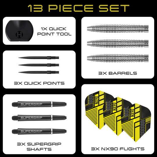 Harrows NX90 Taps Toelopende Quick Point Stalen Darts Hier sieht man die Harrows NX90 Tapered Quick Point Steeldarts. Sie sind robust gebaut und bieten professionelle Leistung für Dartspieler.