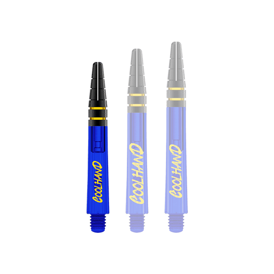 Red Dragon Nitrotech Luke Humphries Coolhand Shafts - Blauw Auf dem Bild sind drei blaue Dartschäfte mit gelbem Schriftzug "COOLHAND" zu sehen. Oben haben sie schwarze Rillen mit goldenen Ringen.