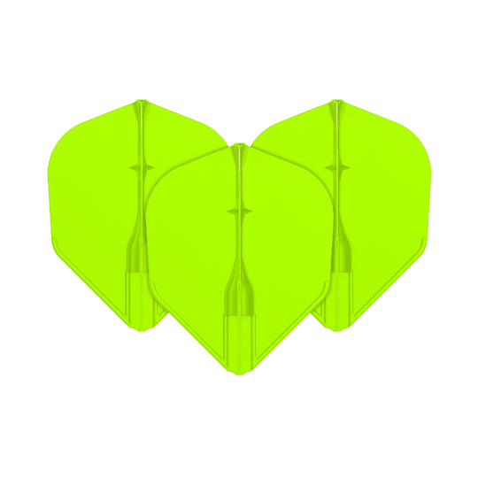 L-L-Style3EZ-vluchten Auf dem Bild sind drei neon-grüne Dart-Flights zu sehen. Sie sind nebeneinander angeordnet und haben eine klassische Pfeilform.