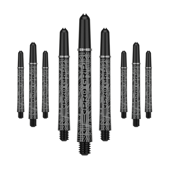 Das Bild zeigt neun schwarze Dart-Schäfte mit silbernen Mustern und der Aufschrift "PRO GRIP". Sie sind in drei Reihen angeordnet und heben sich deutlich vom Hintergrund ab.