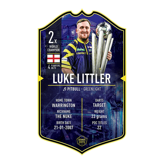 Ultieme Dartskaart - Luke Littler Wereldkampioen 2026 Dies ist die Ultimate Darts Card – Luke Littler World Champion 2026. Zu sehen ist die Sammelkarte von Luke Littler als Weltmeister.