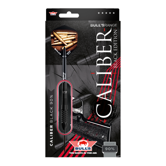 Bulls NL Caliber Black stalen darts Das Bild zeigt die Verpackung der "Bulls NL Caliber Black Steeldarts". Die Verpackung ist schwarz gestaltet und hebt die Steeldarts sowie den Schriftzug "Caliber Black Edition" hervor.
