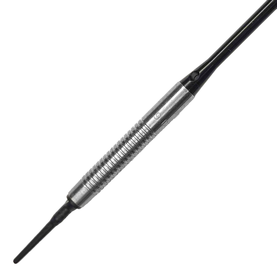 McDart 85 Tungsten V21 zachte dartpijlen - 18,5 g Das Bild zeigt einen McDart 85er Tungsten V21 Softdart mit einem Gewicht von 18,5g. Der Dartpfeil hat eine silberne, gerillte Griffzone und eine schwarze Spitze.