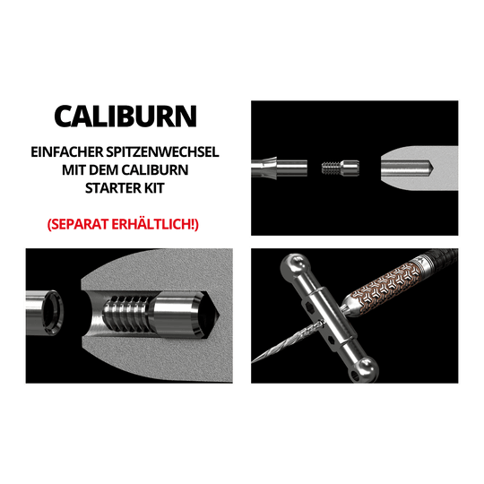 Caliburn System Steel Dart Tips - Micro Grip - Zilver Das Bild zeigt eine Detailansicht und Montageanleitung für ein spezielles Dartspitzen-System. Verschiedene Schritte zur Befestigung und Entfernung der Spitze sind dargestellt, mit dem Hinweis, dass das Werkzeug separat erhältlich ist.