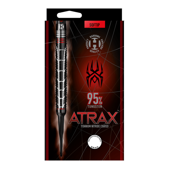Harrows Atrax Softdarts Auf dem Bild ist eine Verpackung für einen Softdart mit der Aufschrift "ATRAX" zu sehen. Der Dart besteht zu 95 % aus Wolfram und ist titan-nitrid beschichtet.
