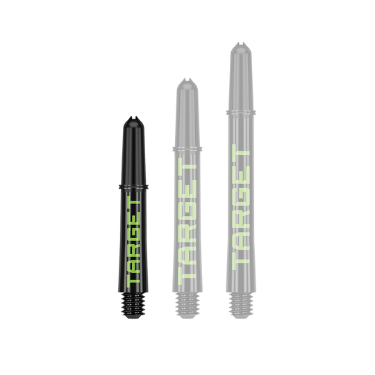 Target Pro Grip TAG Shafts - 3 Sets - Zwart Groen Das Bild zeigt drei schwarze Dart-Schäfte in verschiedenen Längen mit grünem Schriftzug "TARGET". Sie sind nebeneinander auf weißem Hintergrund angeordnet.