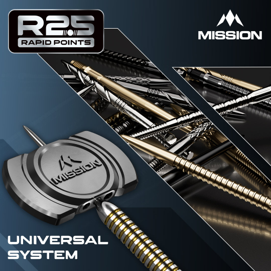 Mission R2.5 Rapid Point DSX dartpunten - zilver Die Abbildung zeigt die Mission R2.5 Rapid Point GV1 Dartspitzen in Silber. Es sind speziell designte Dartspitzen für Präzision und Haltbarkeit.