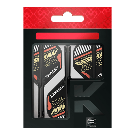 Auf dem Bild ist eine Verpackung mit Dart-Flights und Schäften der Marke Target zu sehen. Auf den Flights steht in gelber Schrift "GERMAN GIANT".