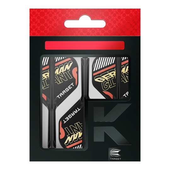Target K-Flex Gabriel Clemens No2 Standaard Vluchtas Systeem Auf dem Bild ist eine Verpackung mit Dart-Flights und Schäften der Marke Target zu sehen. Auf den Flights steht in gelber Schrift "GERMAN GIANT".