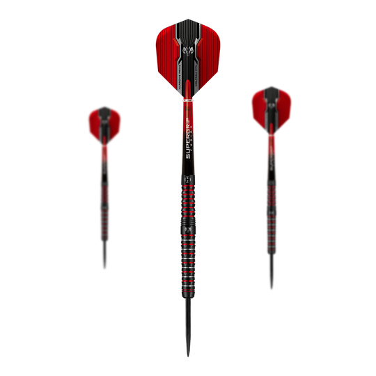 Harrows Tungsten Infinity 97% wolfraam stalen darts Das Bild zeigt drei Harrows Wolfram Infinity 97% Tungsten Steeldarts mit roten und schwarzen Details. Die Darts haben einen metallisch gestreiften Griff und rote Flights.
