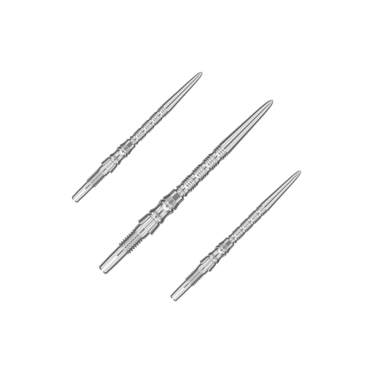 Target Signature Swiss Point TRB stalen dartpunten - zilver Mehrere silberne Dartspitzen sind nebeneinander zu sehen. Es handelt sich um ein Set der 'Target SwissPoint Signature TRB' Dartspitzen mit 30 mm Länge.