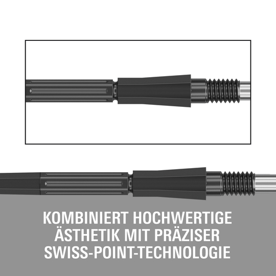 Target Elysian Archetype 43 Swiss Point stalen dartpijlpunten - zwart Das Bild zeigt die Target Elysian Archetype 43 Swiss Point Steeldartspitzen in Schwarz. Die Spitzen sind speziell für Dartspieler entworfen.