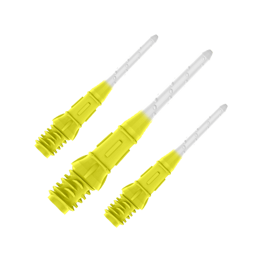 L-Style Premium Two Tone Lippoints (verpakking van 30) Auf dem Bild sind drei gelb-weiße Dartspitzen zu sehen. Sie sind nebeneinander angeordnet und wirken modern sowie hochwertig verarbeitet.