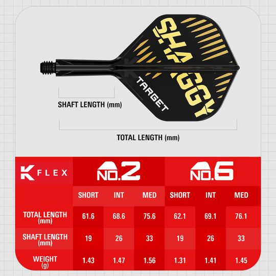 Das Bild zeigt das Produkt "Target K-Flex Scott Williams No2 Standard Flights" mit einem schwarzen und goldenen Design. Unten sind die Maße für verschiedene Längen und Gewichte der Flights in einer Tabelle dargestellt.