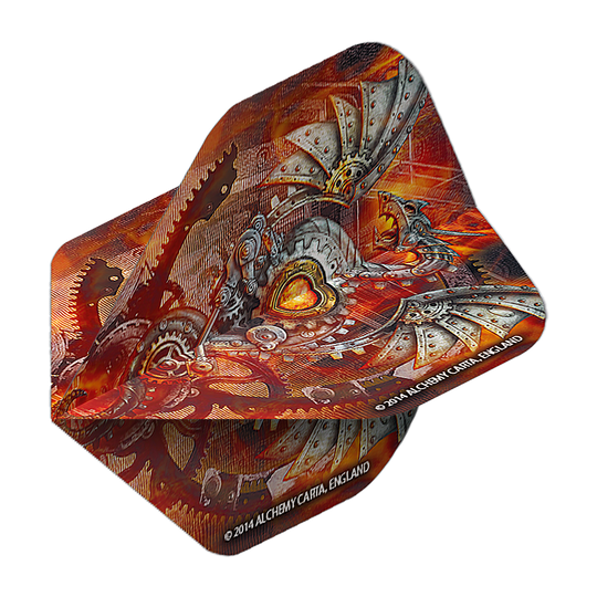 Das Bild zeigt ein Dart-Flight mit einem detailreichen, mechanischen Drachenmotiv in Rot- und Metalltönen. Auf dem Flight steht "2014 ALCHEMY CARTA, ENGLAND" geschrieben.