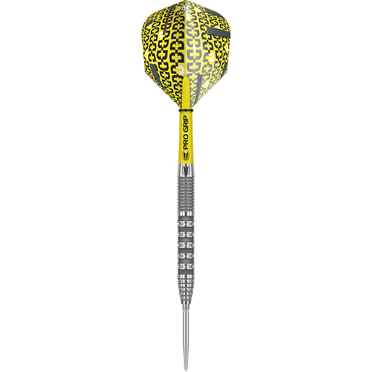 190051_Target_Bolide_01_Swiss_Point_Steeldarts_1f5d8qGp4C4oEP Das Bild zeigt einen Target Bolide 01 Swiss Point Steeldart mit einem silbernen Griff und gelben Elementen. Die Dartflights sind gelb-schwarz gemustert und der Schaft trägt die Aufschrift "PRO GRIP".