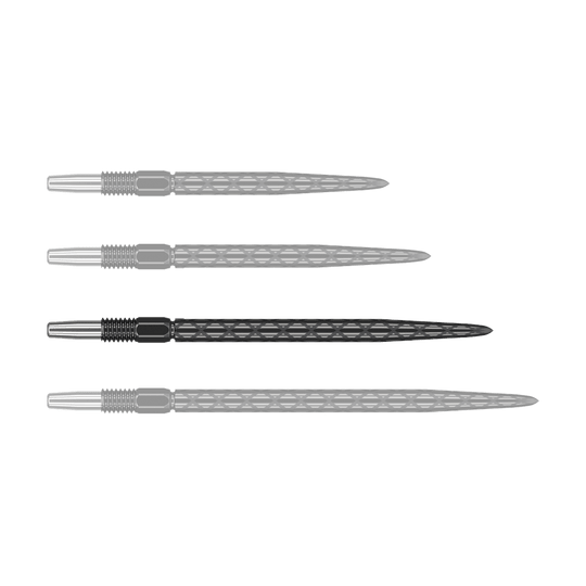 Target Swiss Diamond Pro Black Points dartpunten Das Bild zeigt vier schwarze Dartspitzen mit einem rautenförmigen Muster. Sie sind nebeneinander auf weißem Hintergrund angeordnet.