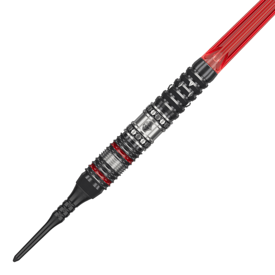 Das Bild zeigt einen Softdartpfeil aus der Produktreihe "Target Japan Prime Series Diamond GEN3" mit 18g Gewicht. Der Pfeil hat ein metallisches Design mit roten Akzenten und einer schwarzen Kunststoffspitze.